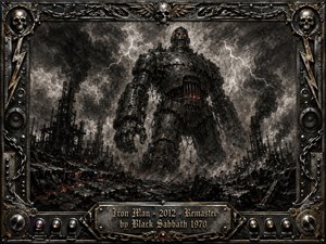 A colossal iron figure towers over a ruined industrial wasteland beneath lightning-split storm clouds and rising smoke. Deep charcoal textures, weathered steel, glowing red eyes, and ember-lit cracks create a menacing, apocalyptic mood. An ornate metal frame of skulls, chains, speakers, rivets, and amplifier controls surrounds the dramatic composition.