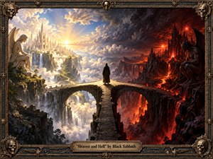 A solitary cloaked figure stands on a stone bridge dividing radiant heaven from a fiery inferno. Golden clouds, waterfalls, and soaring cathedral spires oppose volcanic cliffs, lava, and dark gothic towers. Dramatic light and shadow intensify the moral tension, framed by ornate metalwork, skulls, carved symbols, and a central title plate.