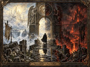A lone cloaked traveler stands on a ruined stone causeway between radiant heaven and a fiery abyss, framed by a monumental gothic arch. Pale gold, icy blue, crimson, and black divide the scene under dramatic light. Ornate angelic and demonic statues, lava, clouds, shattered masonry, chains, and bronze framing heighten the dark, handcrafted oil-painting atmosphere.