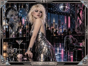 A platinum-blonde woman in a shimmering silver dress leans against a glossy nightclub table, surrounded by fractured mirrors, neon reflections, and a glittering disco ball. The mood is glamorous yet emotionally distant, with icy blues, silvers, and magenta light. An ornate chrome frame and cracked heart reflection deepen the sophisticated, fragile atmosphere.