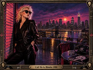 A glamorous blonde woman in black leather stands against striped shadows above a glowing nighttime city and river. Neon pinks, purples, and amber lights create a charged, seductive mood, while a rotary telephone, records, and metallic frame evoke 1980s nightlife. Dramatic reflections and cinematic detail give the scene polished retro intensity.
