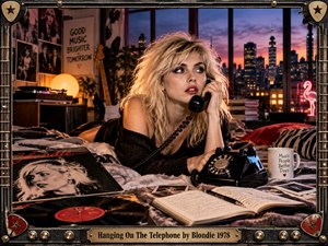 A platinum-blonde woman grips a black rotary telephone in a richly detailed retro bedroom overlooking a glowing city skyline. Warm amber lamps contrast with violet dusk, creating restless anticipation. Vinyl records, photographs, a guitar, handwritten notes, and rock memorabilia deepen the late-1970s atmosphere within a weathered music-inspired frame.