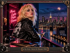 A platinum-blonde woman in a worn black leather jacket overlooks a glowing nighttime city from a neon-lit rooftop. Vinyl records, headphones, and a martini evoke decadent club culture, while pink, blue, and amber reflections create cinematic tension. An industrial music-themed frame reinforces the polished retro photographic style.