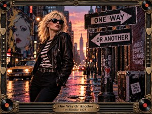 A confident blonde woman in black leather stands on a rain-slicked city street at sunset, surrounded by glowing traffic, brick walls, weathered directional signs, and punk-inspired details. Warm orange light contrasts with deep blacks and metallic textures, while the ornate record-and-guitar frame reinforces the tense, stylish new-wave atmosphere.
