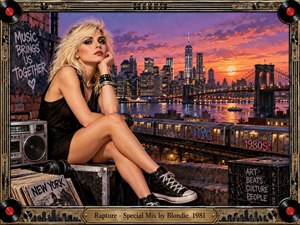 A platinum-blonde woman relaxes on a gritty New York rooftop beside a boombox, headphones, and records as a graffiti-covered subway passes below. A glowing orange and purple sunset illuminates the skyline and Brooklyn Bridge, while the ornate vinyl-themed metallic frame reinforces the energetic 1980s urban atmosphere.