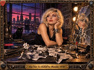 A platinum blonde woman sits pensively in a gritty city loft, surrounded by torn photographs, records, cosmetics, and a watchful black cat. A cracked mirror fractures her reflection while vivid pink and violet twilight fills the skyline. Warm vanity lights and distressed rock inspired framing create a tense, rebellious atmosphere.