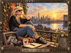 A stylish blonde woman relaxes on a sunlit rooftop overlooking a glowing city skyline and suspension bridge. Warm gold and blue tones, trailing ivy, daisies, records, camera, coffee, and notebook create a dreamy late-1970s atmosphere. Detailed mixed-media realism and an ornate music-themed frame reinforce the nostalgic mood.