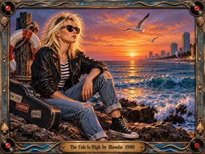 A blonde new wave woman in leather and denim rests on seaside rocks beside a guitar case, watching teal waves beneath a brilliant orange sunset. Warm coastal light, distant towers, gulls, and palms create a confident nostalgic mood. A weathered nautical frame with records, rope, shells, and bronze details completes the richly textured scene.