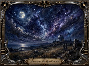 A richly textured oil-painted nightscape unfolds beneath a vast indigo and violet sky, where glowing constellations, a luminous moon, and swirling cosmic clouds dominate the scene. Two cloaked figures face a distant observatory above moonlit fields and water, framed by ornate chrome, gold, guitar-string, star, record, and speaker motifs.
