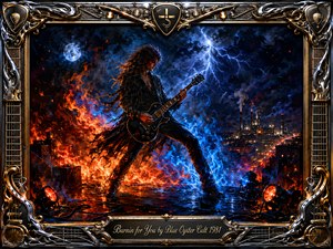 A lone guitarist commands a stormy rooftop amid swirling orange and electric-blue flames, distant industrial lights, and branching lightning beneath a glowing moon. The dramatic oil-painted composition feels rebellious, urgent, and mysterious, with cinematic firelight reflecting across wet surfaces. An ornate chrome-and-gold musical frame surrounds the intense rock tableau.