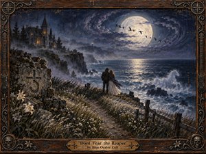 A solitary couple stands on a windswept moonlit cliff above a restless sea, facing a luminous full moon beneath swirling indigo clouds. A distant Gothic mansion, white lilies, weathered stone, and circling birds deepen the haunting romance. Rich oil-paint textures, silver-blue light, and an ornate carved frame create timeless, melancholic drama.