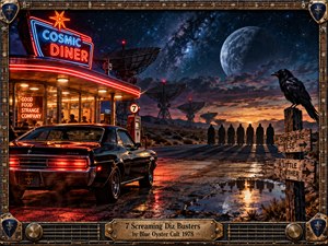 A black muscle car rests beside a neon cosmic diner on a desolate night highway, facing seven shadowed figures beneath colossal satellite dishes and a looming moon. Fiery orange reflections cut through deep blue starlight, creating a surreal, ominous mood. Distressed metalwork, guitar details, weathered signs, and cinematic realism reinforce the retro-rock atmosphere.