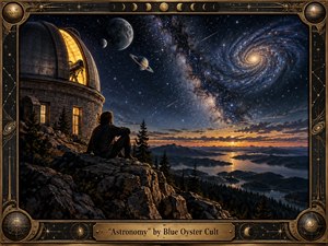 A solitary figure sits beside a glowing mountaintop observatory, overlooking dark forests, distant mountains, and reflective water beneath an immense star-filled sky. Deep blues and warm golds create a mysterious, contemplative mood, while planets, meteors, and a luminous spiral galaxy enrich the dramatic painted scene within an ornate celestial brass frame.