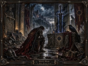 A kneeling armored warrior faces an ominous black sword rising from a carved altar inside a ruined gothic hall, while ravens, torn crimson banners, shattered armor, and a fallen crown deepen the sense of doom. Moonlight, candle glow, and stormy blue-gray shadows shape this richly textured dark fantasy painting within an ornate frame.