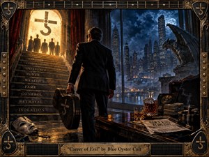 A lone suited man carrying a worn guitar case faces a glowing staircase toward shadowy figures, framed by a moonlit city and looming gargoyle. Deep blues, black, bronze, and amber light create a sinister, ambitious mood. Rich digital-painting textures, reflective surfaces, carved details, and an ornate musical frame heighten the theatrical atmosphere.