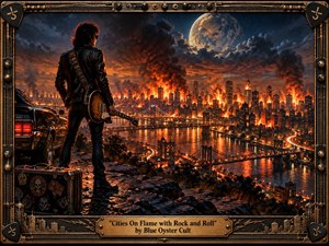 A lone guitarist in black leather overlooks a blazing city beneath a huge moon, his vintage car and battered case nearby. Fiery orange reflections ripple across the river as smoke towers into a dark blue sky. The cinematic, richly textured scene feels rebellious, apocalyptic, and unmistakably rock-driven, framed in ornate metal.
