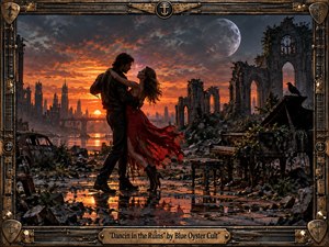 A couple dances amid the ruins of a shattered city at sunset, surrounded by broken arches, rubble, a wrecked car, and an overgrown grand piano. Fiery orange light reflects across wet pavement beneath a darkening sky and pale moon. The ornate metallic frame reinforces the dramatic, romantic, post-apocalyptic rock atmosphere.