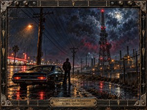 A lone figure stands beside a rain-soaked vintage car, facing a towering radio mast and distant industrial complex beneath a stormy moonlit sky. Deep blues, purples, amber lights, and red reflections create tense nocturnal drama. Painterly textures, wet pavement, power lines, neon glow, and a weathered metal frame evoke gritty 1970s rock imagery.