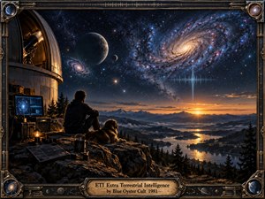 A lone observer and dog sit beside a mountaintop observatory, watching an immense star-filled sky alive with glowing galaxies, planets, and a mysterious signal. Deep blues and black contrast with warm golden sunrise light across distant mountains and waterways. An ornate metallic frame and engraved title plate give the scene a handcrafted retro-futurist finish.