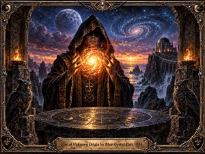 A hooded mystic conjures a blazing cosmic sphere above an engraved stone altar, framed by watchful owls, braziers, and ornate celestial metalwork. Jagged cliffs, waterfalls, a distant observatory, moon, and spiral galaxy create a mysterious otherworldly setting. Deep blues and fiery oranges heighten the dramatic, richly painted fantasy atmosphere.