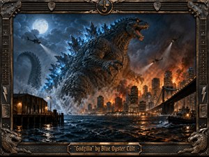 A colossal reptilian creature rises from stormy harbor waters beside a burning city, framed by helicopters, a moonlit sky, and a sweeping suspension bridge. Cold blue highlights contrast with fiery orange explosions, creating a tense, cinematic mood. Intricate scales, crashing waves, smoke, and an ornate guitar-inspired metal frame enrich the dramatic handcrafted illustration.