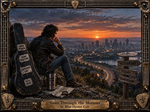 A lone man in a black leather jacket sits beside a battered guitar case on a rocky overlook, watching a glowing city at sunset. Warm orange light contrasts with deep blue clouds and winding traffic below. Weathered signs, a road map, thermos, and instrument-inspired metal frame reinforce the reflective, weary mood.
