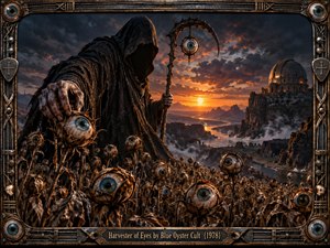 A hooded harvester looms over a surreal field of enormous eye-like flowers beneath a fiery storm-lit sunset. A winding river leads toward distant mountains and a domed observatory, creating ominous depth. Dark earth tones, glowing orange light, intricate textures, and an ornate metallic frame give the scene a haunting fantasy-rock aesthetic.