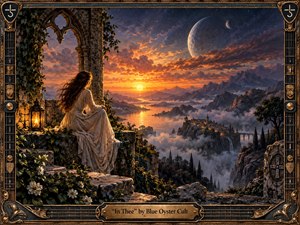 A solitary woman in a flowing ivory dress sits among ivy-covered stone ruins, overlooking a glowing mountain valley at sunset. Warm gold and amber light contrasts with deep blue skies, misty cliffs, and distant celestial bodies. The richly detailed fantasy painting feels romantic, reflective, timeless, and quietly mysterious.