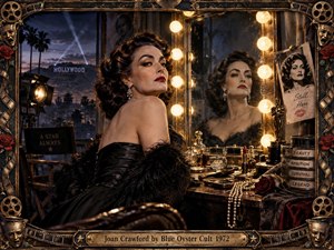 A glamorous yet unsettling Hollywood star sits before a glowing dressing-room mirror, surrounded by pearls, perfume, film reels, roses, and vintage studio objects. Warm golden bulbs contrast with deep black, crimson, and twilight blue tones. The ornate cinematic framing, poised expression, shadowed reflection, and aged textures create a theatrical, haunted atmosphere.