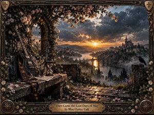 A weathered guitar and hourglass rest beneath flowering branches on an ancient stone terrace overlooking a misty river valley and distant cathedral town. Golden sunset pierces brooding clouds, casting warm reflections across the bridge and water. Ornate metalwork, scattered petals, and a solitary raven deepen the wistful, foreboding, handcrafted fantasy-realism atmosphere.