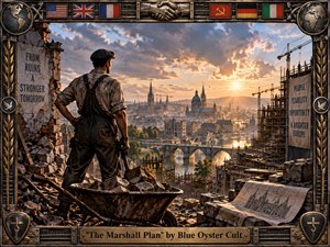 A weathered construction worker surveys a European city rebuilding from wartime ruins at sunset. Golden light cuts through dramatic clouds, illuminating cranes, scaffolding, bridges, rubble, and distant towers. The photorealistic digital painting blends industrial grit with hopeful grandeur, framed by ornate metalwork, flags, emblems, and an engraved title plate.