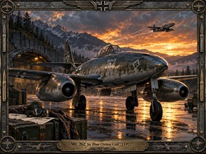A weathered Me 262 jet dominates a rain-slick mountain airfield at sunset, its scarred metal skin reflecting fiery orange light. Dark hangars, misty peaks, scattered equipment, and a second aircraft deepen the wartime atmosphere. The richly painted scene combines dramatic realism, cold steel tones, glowing reflections, and an ornate aviation-themed frame.