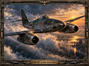 A weathered Me 262 jet surges through turbulent clouds above a glowing river city at sunset, accompanied by distant aircraft. Dark steel, bronze, smoky blue, and fiery gold create a tense wartime mood. Dramatic cinematic lighting, scarred metal textures, ornate aviation framing, and a riveted title plate complete the detailed digital painting.