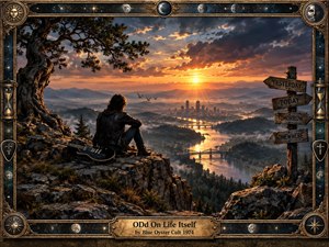 A lone guitarist rests on a rocky overlook beneath a twisted tree, gazing across a misty river valley toward a glowing city at sunset. Warm gold and amber light contrasts with deep blue shadows, while signposts, moons, stars, hourglasses, and an ornate antique frame create a reflective, surreal, timeworn atmosphere.