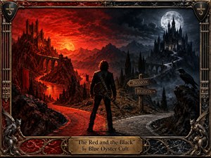 A lone guitarist stands at a dramatic fork between a fiery red kingdom and a moonlit black fortress, surrounded by jagged mountains, bridges, mist, and gothic architecture. Intense crimson and charcoal tones divide the scene, while metallic framing, gargoyles, carved details, and a brass title plate create a dark, handcrafted fantasy-rock aesthetic.