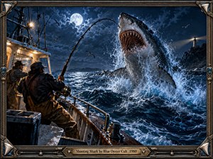 A moonlit fishing boat battles rough seas as an enormous great white shark erupts from the water beside the crew. Deep blues, silver spray, warm cabin lights, and a distant lighthouse heighten the tense cinematic mood. The detailed painted style, dramatic lighting, ornate nautical frame, and brass title plate create a vintage rock-art atmosphere.