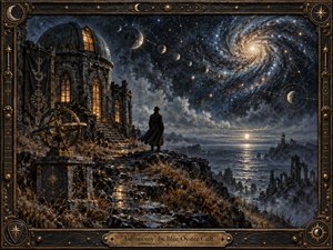 A solitary figure stands beside a weathered Gothic observatory overlooking a moonlit sea beneath a vast spiral galaxy. Midnight blues, smoky grays, and tarnished gold create a mysterious, contemplative mood, while warm windows and celestial highlights pierce the darkness. Painterly textures, an armillary sphere, distant ruins, and an ornate astronomical frame enrich the handcrafted scene.