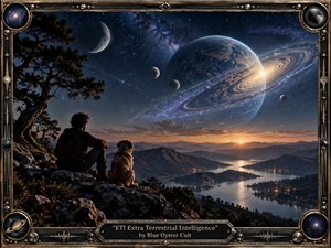 A solitary figure and faithful dog overlook a vast mountain lake beneath an immense ringed planet and scattered moons. Deep blues, silver starlight, and warm sunset gold create a mysterious, contemplative mood. The cinematic digital painting blends cosmic grandeur with intimate stillness, enclosed by an ornate metallic, instrument-inspired frame.