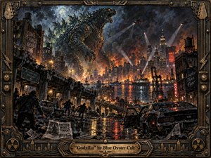 A colossal reptilian titan towers over a burning waterfront city as helicopters sweep searchlights through smoke and storm clouds. Wet streets, wrecked cars, fleeing figures, cranes, and shattered buildings amplify the chaos. Deep blues, fiery oranges, and toxic green highlights glow across richly textured, painterly surfaces, enclosed by an ornate industrial rock-inspired metal frame.