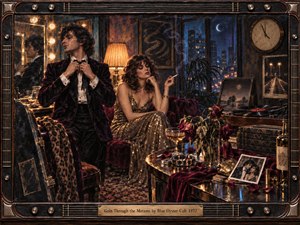 A glamorous but emotionally distant couple sits in a richly furnished late-1970s lounge, surrounded by mirrors, wilted roses, a spinning record, and scattered evening remnants. Warm amber lamplight contrasts with cool blue city glow, while deep burgundy, gold, and charcoal tones enhance the smoky, melancholic oil-painted atmosphere of weary repetition.