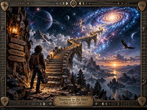 A lone traveler stands before a weathered stone stairway rising through luminous clouds toward a radiant spiral galaxy. Deep blues, violet nebulae, warm lantern light, and a distant sunset create a mysterious, aspirational mood. Ornate celestial framing, rugged mountains, reflective water, planets, and soaring birds enrich the cinematic fantasy composition.
