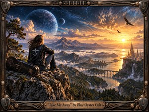 A lone rocker sits on a rugged cliff beside a weathered guitar case, overlooking a luminous futuristic valley of mountains, waterfalls, bridges, and distant spires. Golden sunset light contrasts with deep blue cosmic skies and looming planets, creating a mood of longing, escape, wonder, and transcendence within an ornate metallic frame.