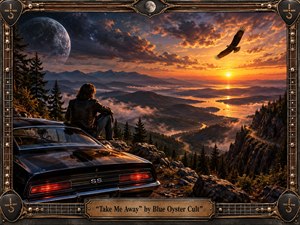 A lone traveler rests beside a black muscle car on a rugged mountain overlook, gazing across misty forests, winding roads, lakes, and distant peaks beneath a blazing orange sunset and enormous celestial orb. Dramatic golden light, deep shadows, soaring eagle, and an ornate guitar-inspired metal frame create a cinematic, adventurous, otherworldly mood.