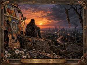 A solitary long-haired figure sits beside a flower-painted van overlooking a sprawling industrial city at sunset. Warm orange light collides with gathering storm clouds, while worn guitar, daisies, weathered rocks, and discarded objects suggest fading idealism. The richly textured painted style and ornate musical frame create a nostalgic, brooding atmosphere.