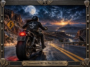 A lone biker races along a rain-slick desert highway toward a distant futuristic city beneath a luminous moon and storm-filled sky. Deep blues, black leather, chrome, and fiery sunset tones create a tense, supernatural mood. Dramatic cinematic lighting, reflective pavement, rugged cliffs, ravens, and an ornate metallic frame reinforce the heavy-metal atmosphere.