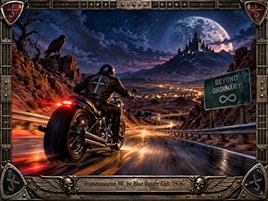 A lone biker races down a glowing mountain highway toward a distant gothic fortress beneath an enormous moon. Deep blues, amber road lights, chrome reflections, and stormy clouds create a tense, supernatural mood. The cinematic digital style emphasizes speed, rugged terrain, dramatic lighting, and an ornate weathered metal frame.