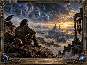 A battle-worn veteran sits on a rocky ridge overlooking a luminous futuristic city beneath vast planets and storm-lit clouds. Ghostly faces drift across the sky like haunting memories, creating a solemn, otherworldly mood. Rich bronze, charcoal, blue, and gold tones, dramatic light, rugged textures, and an ornate guitar-inspired frame heighten the epic painted style.
