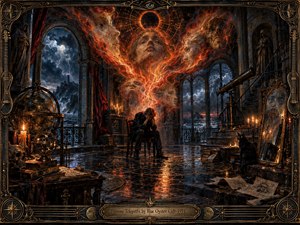 A solitary figure sits hunched in a gothic observatory as fiery spectral faces spiral overhead beneath a dark eclipsed sun. Storm clouds, lightning, candles, brass instruments, books, a telescope, and a watchful black cat deepen the ominous mood. Rich blacks, ember orange, and cold blue light create a dramatic, painterly atmosphere.