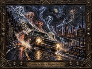 A black 1970s muscle car tears along a rain-slick industrial highway beneath a violent midnight storm, pursued by seven ghostly screaming forms swirling through smoke and lightning. Deep blues, blacks, amber, and crimson glow across thick oil-paint textures, while an ornate wood-and-metal rock-inspired frame reinforces the ominous, supernatural energy.