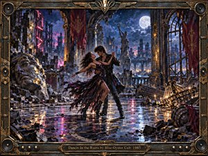 A passionate couple dances across a rain-slicked floor amid moonlit urban ruins, surrounded by shattered columns, fallen statuary, debris, and distant skeletal towers. Deep blues, violet shadows, warm gold reflections, and faint neon accents create dramatic contrast. The richly textured mixed-media style and ornate bronze frame evoke defiant romance amid destruction.